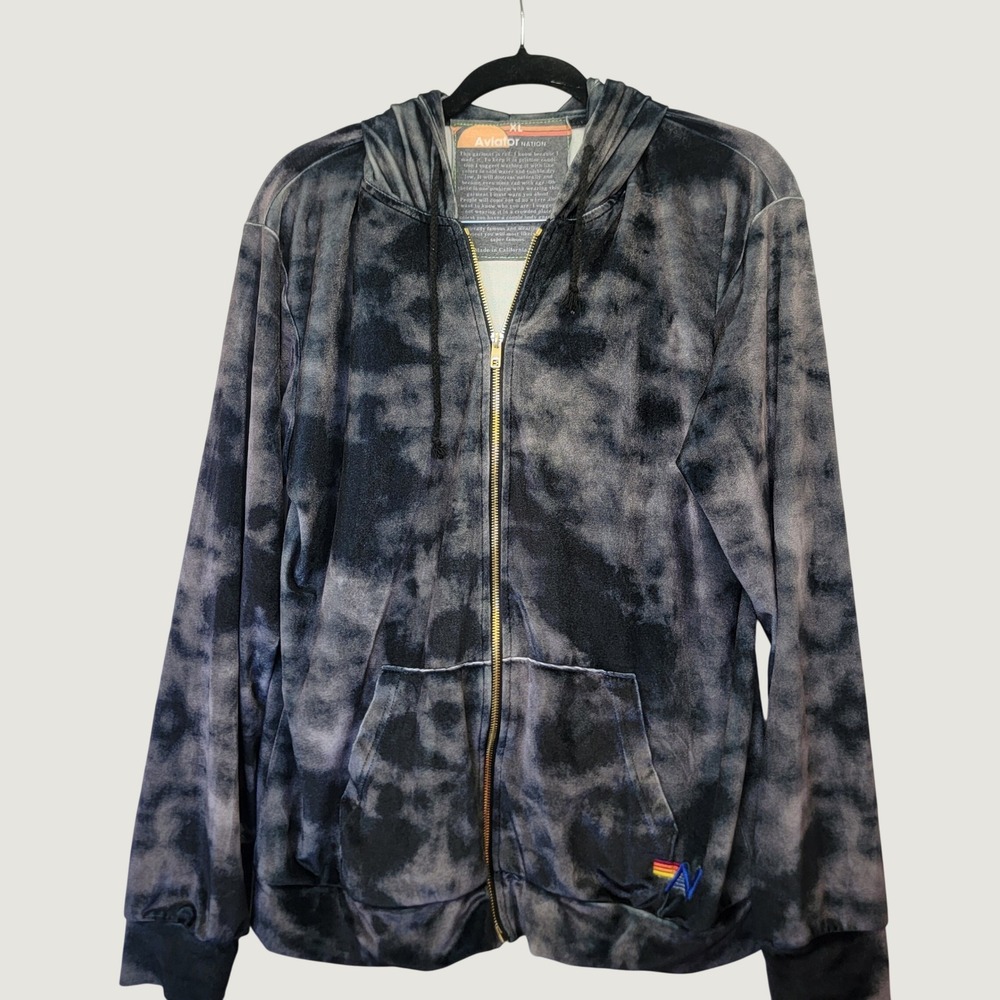 Aviator Nation Black Velvet Grey Tie Dye Velour Rainbow Logo Full Zip Hoodie XL